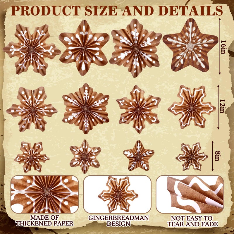 Fullhawl 12 Pcs Christmas Paper Fans Party Decorations Snowflakes Gingerbread Hanging Paper Fans Decorations Christmas Ceiling Wall Decor Winter Party Supplies for Xmas Home(Vintage) - Image 2